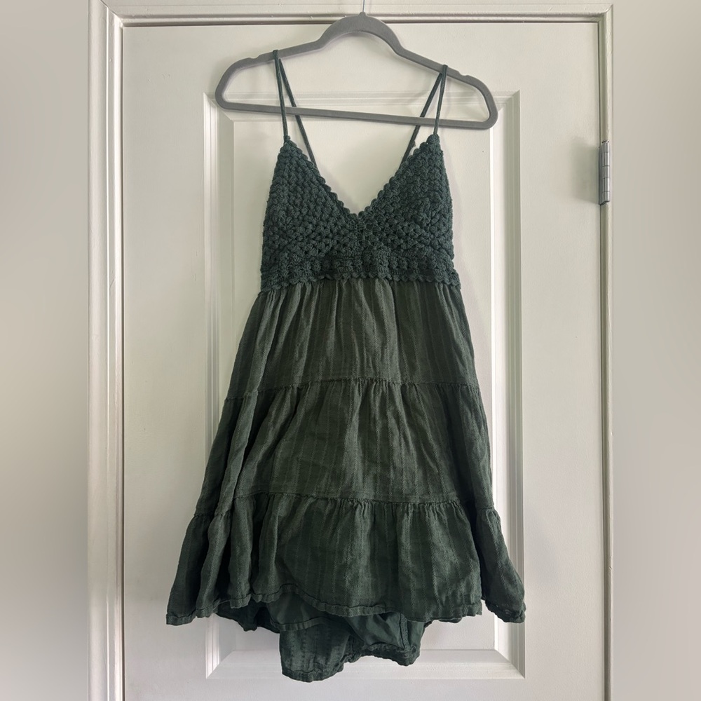 Aerie Crochet Bodice Tiered Mini Dress in Deep Hunter Green Size XL